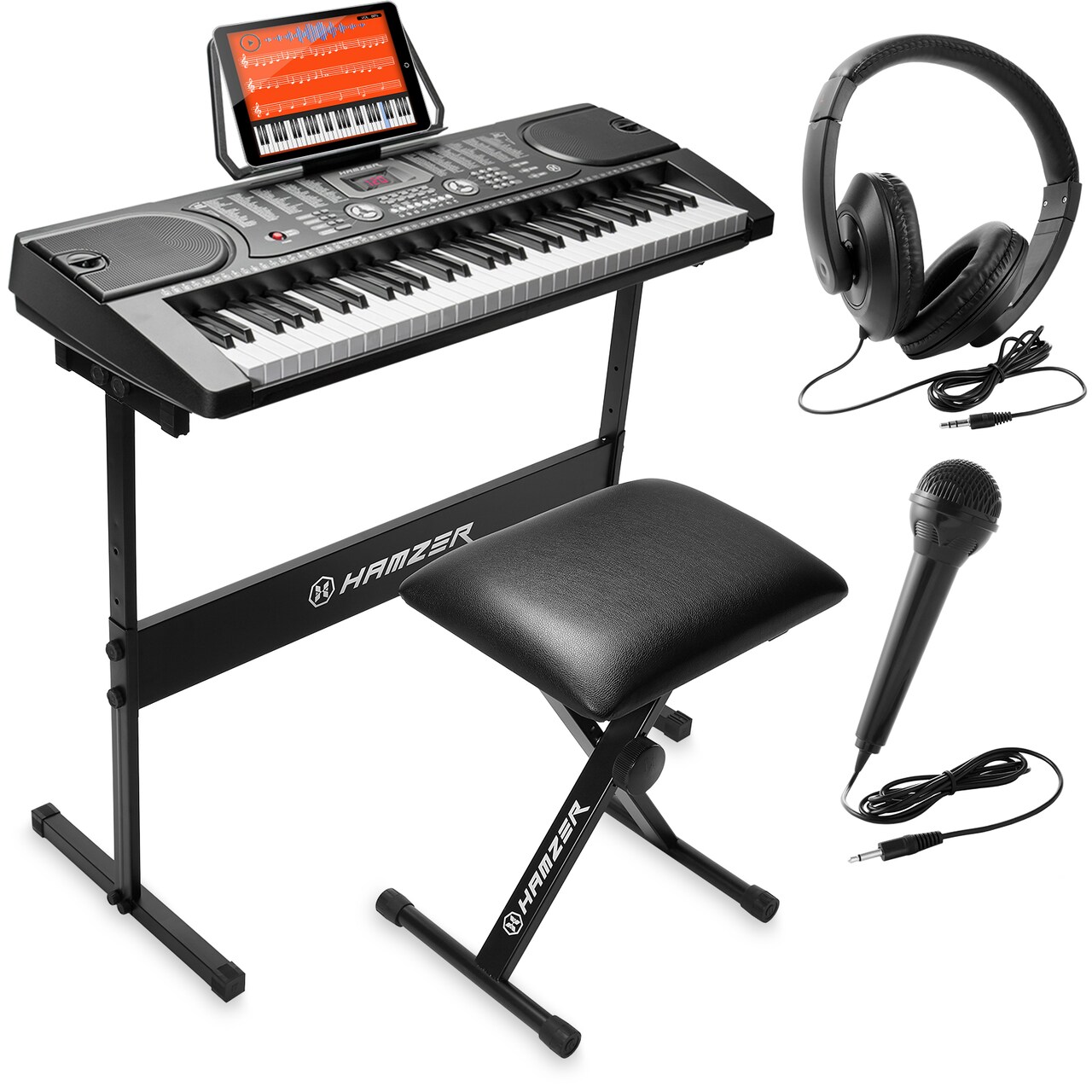Hamzer 61 Key Digital Keyboard Piano with Stand & Bench, Beginner Electric Piano Keyboard Kit with Speakers, Headphones, Microphone, Keynote Stickers